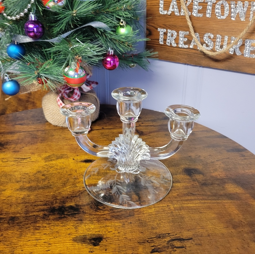 Vintage Indiana clear etched glass triple candlestick holder-clear